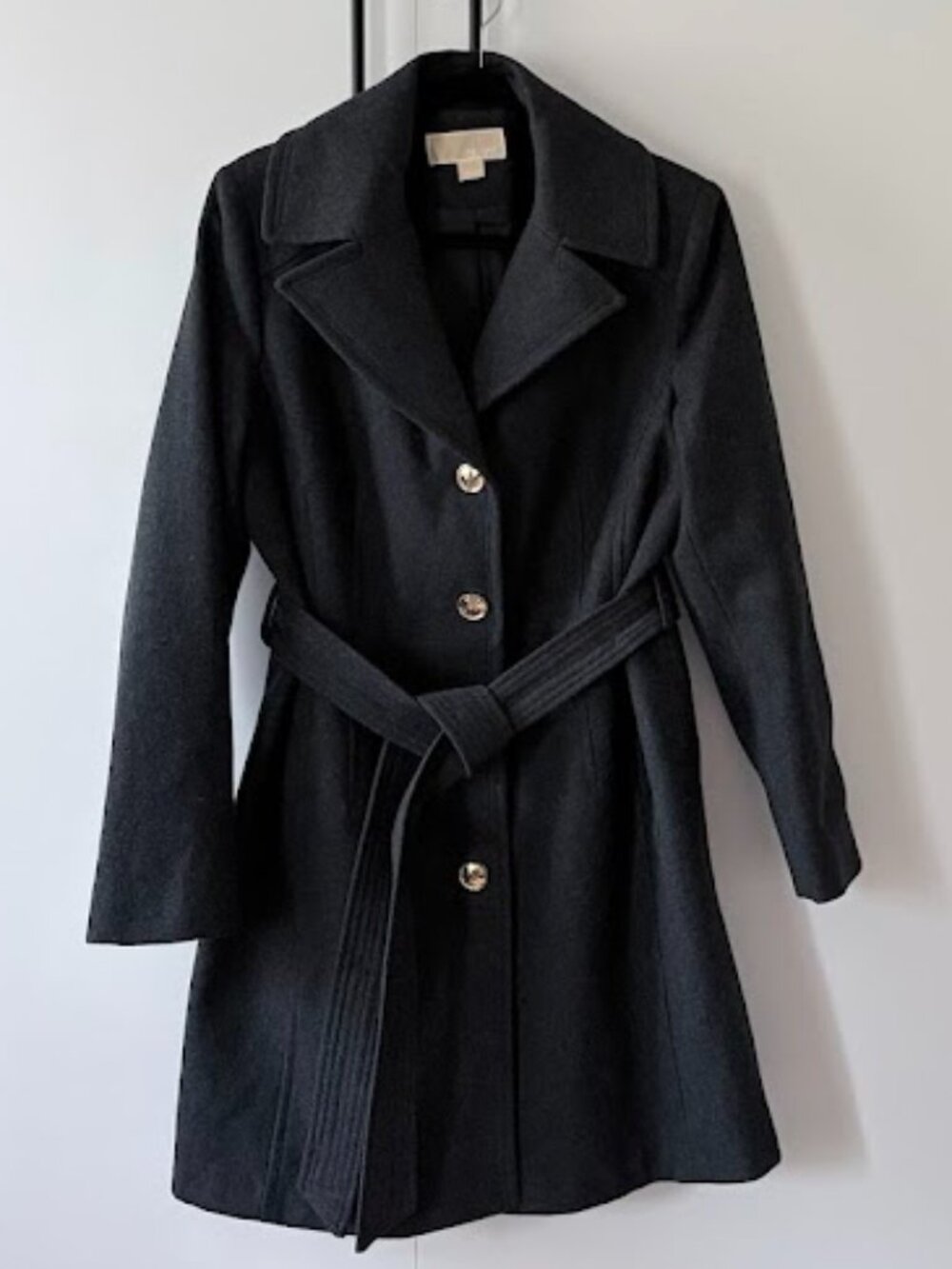 Michael Kors Gray Belted Peacoat Gold Button Wool Coat Size XL